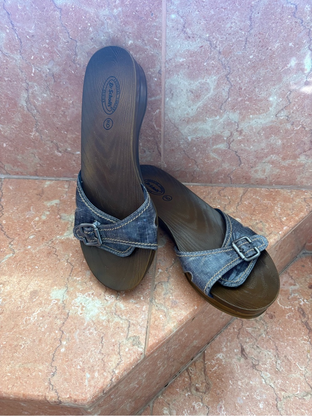 Dr. Scholl's Denim-Look Buckle Slide Sandals - Blue